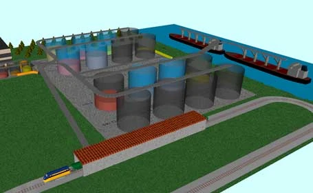 A 3 d model of an oil refinery with a barge in the background.