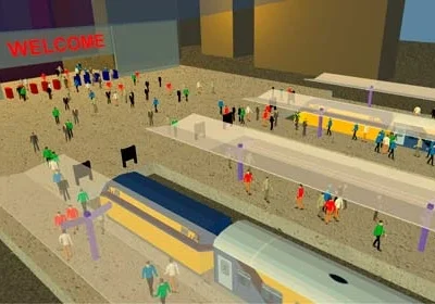 A group of people standing around in front of some trains.
